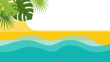 Fototapeta premium Tropical Beach Scene with Palm Leaves and Turquoise Waves, Summer Vacation Vibes