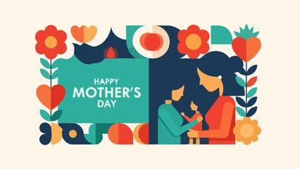 Happy Mother's Day Vector Illustration with Family and Flowers