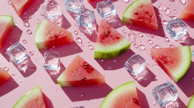 Refreshing watermelon slices and ice cubes create a dynamic, summery vibe perfect for healthy recipes and seasonal promotions