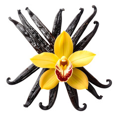 Vanilla Orchid and Pods: An artistic composition of a vibrant yellow orchid bloom surrounded by aromatic vanilla pods, a symphony of natural flavors and visual allure.