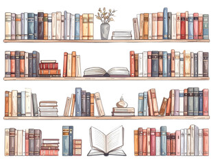 Minimalist library icons set &ndash; linear style collection of book arrangements and shelv
