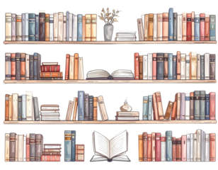 Minimalist library icons set – linear style collection of book arrangements and shelv