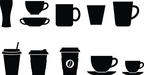 Drinkware silhouette icons, coffee cups, mugs, teacups, takeaway containers, beverage shapes, black outline design, kitchenware vector set