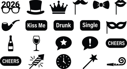 Wedding and birthday party accessory black glyph icons. Celebration photobooth kit, kiss me text, drunk sign, champagne bottle, and carnival disguise mask symbols for fun face element vector set.  © ArtMint