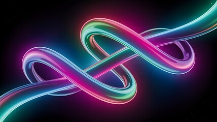 Abstract neon infinity loop with iridescent colors on dark background
