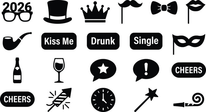 Wedding and birthday party accessory black glyph icons. Celebration photobooth kit, kiss me text, drunk sign, champagne bottle, and carnival disguise mask symbols for fun face element vector set.
