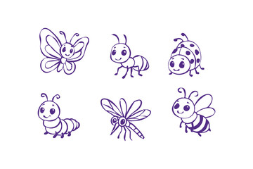 Set of cute insects line art. Vector hand draw butterfly, ant, ladybug, bee, mosquito, caterpillar, dragonfly and beetle. children illustration isolated on white background