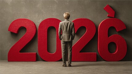 Businessman Looking Towards Year 2026 with Large Red Numbers on Gray Background