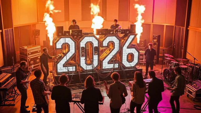 Dynamic Live Performance Featuring Two DJs and a Striking '2026' Light Installation in a Colorful Studio Setting with Energy and Passion
