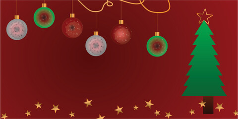 Christmas Background Banner with Ornaments, Tree, and Golden Stars