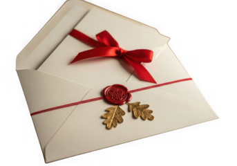 Elegant envelope with red ribbon bow and wax seal, luxury invitation PNG