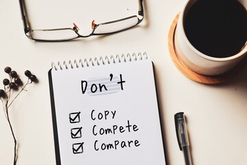 Notepad with motivational note Don't copy compete compare with a cup of coffee. View from above, inspirational quotes for mental well-being.