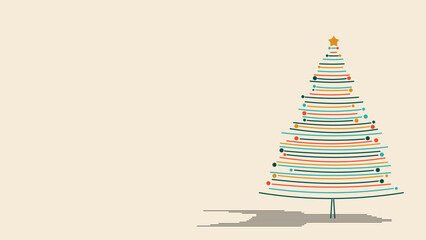 Minimal Christmas tree made of colorful horizontal lines with star on top, flat vector style for greeting cards, posters, and festive banners