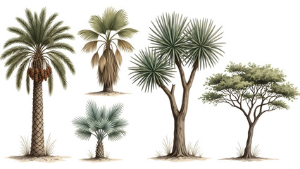 Obraz premium Collection of diverse desert and tropical trees with foliage and fruit palm tree