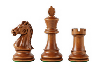 Wooden chess pieces knight king and rook isolated on transparent background PNG
