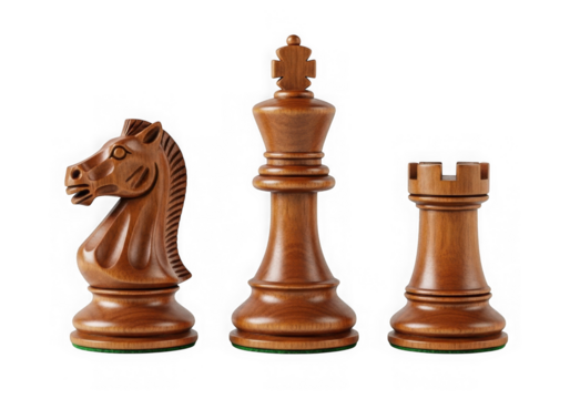 Wooden chess pieces knight king and rook isolated on transparent background PNG - Powered by Adobe