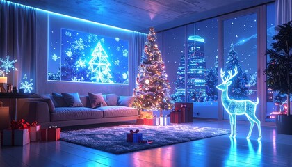Festive Living Room Interior Christmas Tree Decorated Presents And Illuminated Reindeer With Cityscape View And Blue Lighting