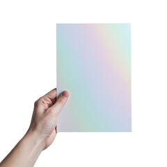 Hand holding a blank white iridescent paper sheet with subtle rainbow colors isolated on transparent background