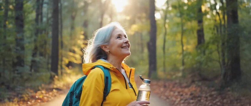 Nature's Embrace: A serene woman with a backpack, her face bathed in sunlight, wanders through a lush forest, embodying tranquility and connection with nature.