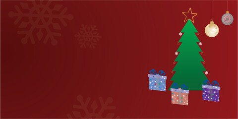 This image features a Christmas tree, wrapped gifts, and ornaments on a red background with subtle snowflakes.