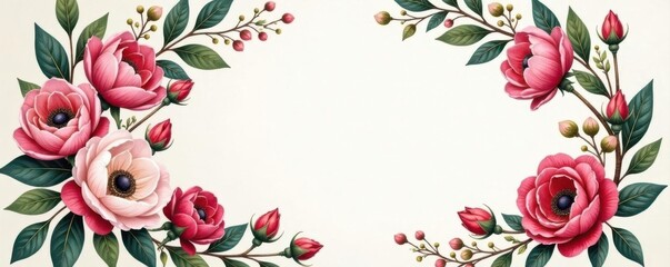 Ornate winter rose & anemone wedding stationery set; gold accents, olive branch details , vector, vintage, paper