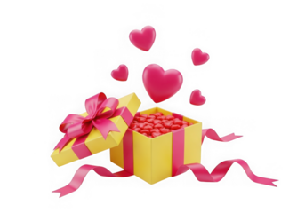 Yellow gift box with pink ribbon and floating hearts isolated on transparent background