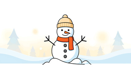 Cheerful Snowman Wearing Orange Scarf And Hat Winter Scene