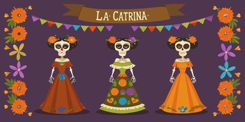 Colorful depiction of la catrina skeletons with floral decorations and a festive banner
