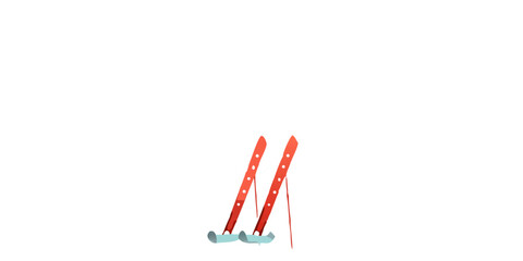 A pair of red ski poles with grey tips standing on a white surface