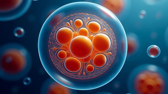 Microscopic 3D animation of red oocyte cells dividing in blue liquid, illustrating biological reproduction and IVF concepts.