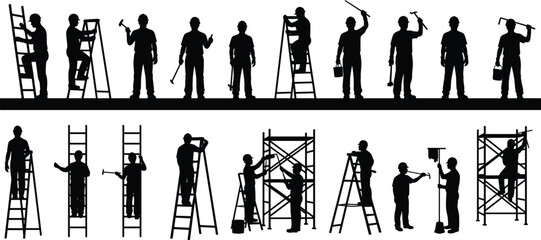 Construction workers in silhouette with ladders scaffolding and tools in action poses builder © Shakila