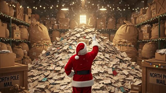 Santa Claus in a North Pole Workshop Surrounded by Mountains of Christmas Letters from Children, Illuminated by Warm Lights and Festive Decorations