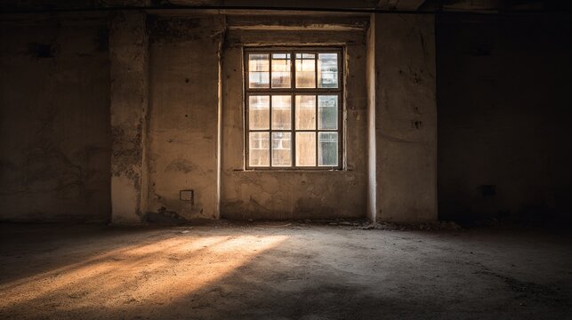 oligarchy. Urban ruin at dusk with soft light through a broken window onto a dusty floor. real-estate listings.