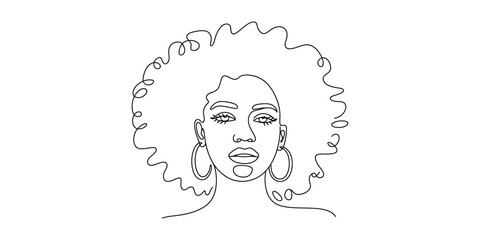 Minimalist continuous line art portrait of black woman with afro hair and hoop earrings