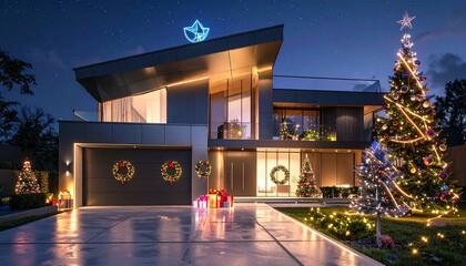 Festive Modern Home Decorated for Christmas at Night with Illuminated Trees and Presents