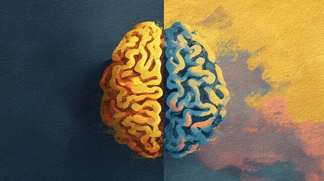 logical. An artistic illustration of a brain split into creative and logical sections, representing psychological concepts. product launch decks.