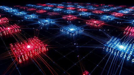 Glowing red and blue computer chips processing binary code data flows in a cinematic 3D animation, visualizing artificial intelligence concepts. - Powered by Adobe