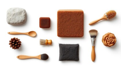 An assortment of brushes, sponges, wooden items, stone and plant element isolated on a clean white surface