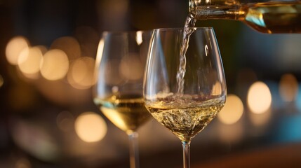 Obraz premium Golden champagne swirling inside elegant stemware, set against a cozy bar backdrop with subtle blur.