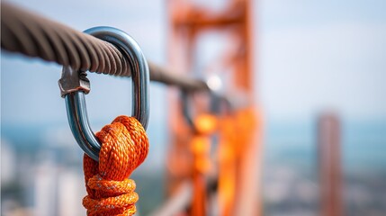 carabiner. A detailed shot of a safety harness against a blurred sky with a focused carabiner. mobility guides, transit brochures, designed for transport & logistics marketing.