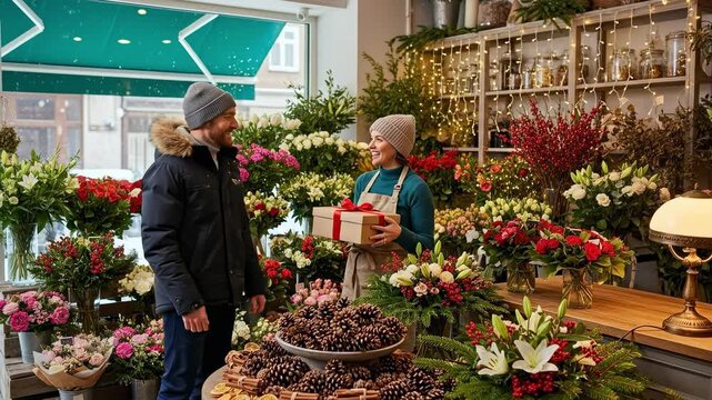 A Young Woman in a Cozy Floral Shop Positively Interacting with a Man While Giving a Gift in a Charming Holiday Setting Full of Colorful Flowers and Decorations - Powered by Adobe