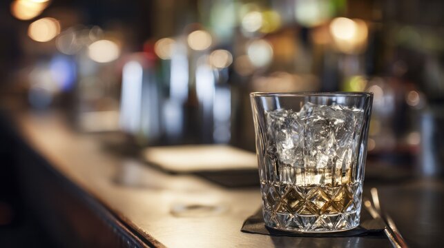 A frosty cocktail glass in sharp focus with a softly blurred bar scene in the background. bar promotions, beverage menus, designed for food & beverage menus and cafe branding.