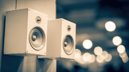 Vintage monochrome wall-mounted speakers, highlighting retro audio design. product launch decks, UI/UX mockups, designed for product launches and innovation pitches, used by copywriters.