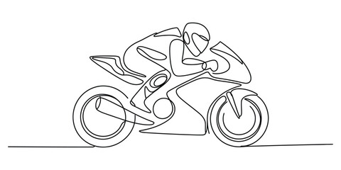 Continuous line drawing of a motorcycle racer in a speed position