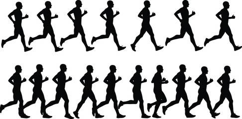Running man silhouette sequence, jogging male vector icon set, athletic movement pose, fitness workout steps, sport motion illustration pack