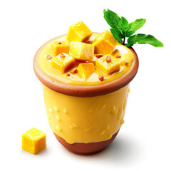 Mango dessert with cubes and fresh green leaf in clay cup