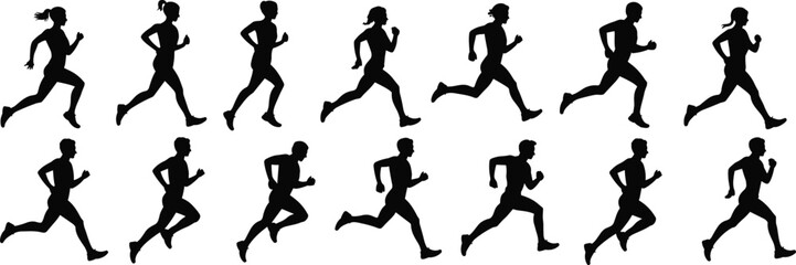 Running silhouette vector set, male and female joggers, athletic runner posture, fitness motion graphic