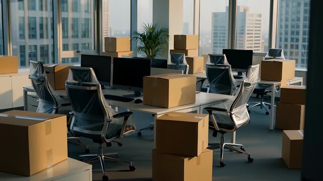 Sunlit modern office interior filled with cardboard boxes and plastic wrapped chairs, illustrating corporate relocation or business downsizing concepts.
