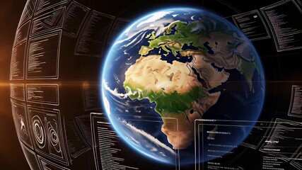 Rotating planet Earth with a bright sun flare being enveloped by a digital HUD data interface, illustrating global network connectivity in a cinematic 3D animation. - Powered by Adobe
