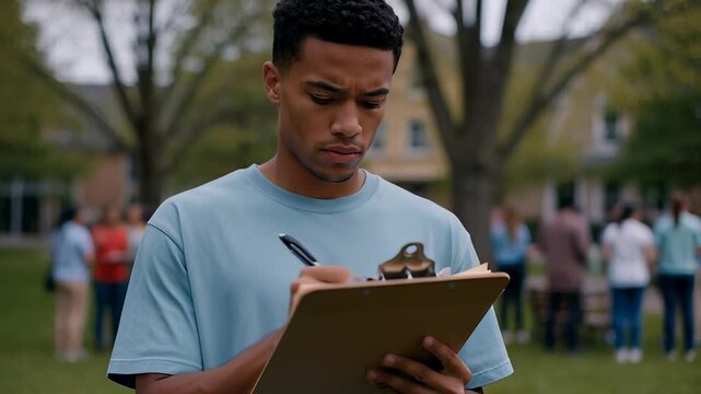 Focused young man volunteer writing on a clipboard outdoors during a community survey or petition, illustrating event organizing concepts.